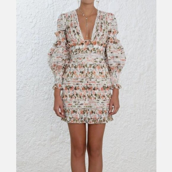 Zimmermann Radiate Smocked Mini Dress, Peach Rose Floral - Picture 2 of 16